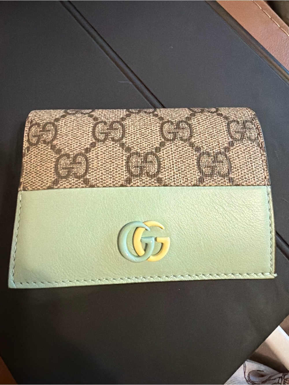 Gucci GG Supreme Canvas and Mint Green Leather Card Holder